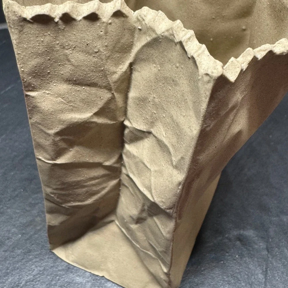 Ceramic Brown Paper‎ Bag Vase Trompe L'oeil Sculptural Planter Tan Decor 6 Inch
